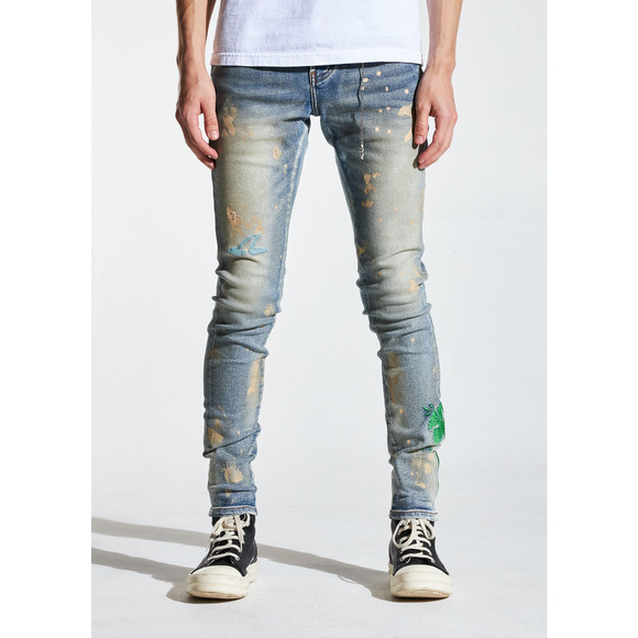 En Noir Men's Paint Splatter Embroidered Distressed Skinny Fit Denim Jeans